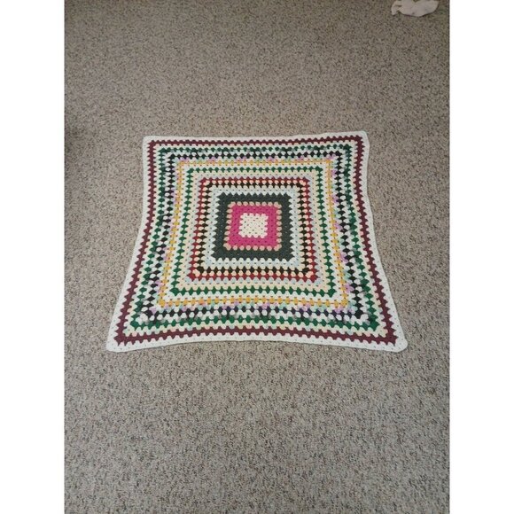 Vtg Crocheted Afghan Around the World Multi-Colored Throw Blanket 35×35 - Picture 1 of 8